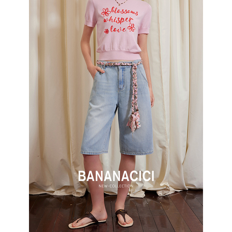 BANANA CICI2025年夏复古水洗五分牛仔裤宽松百慕大阔腿中裤