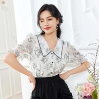 【莱赛尔面料】复古风印花衬衫女装时尚通勤短袖衬衣女