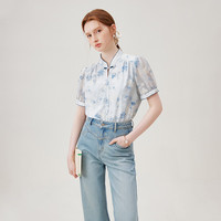 范思蓝恩新中式水墨印花刺绣衬衫女夏季2024短袖上衣18066 水墨蓝 XS