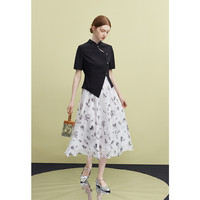 范思蓝恩23FS12667新中式气质印花半身裙女夏松紧腰A字裙 杏底绿花 M