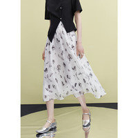范思蓝恩23FS12667新中式气质印花半身裙女夏松紧腰A字裙 杏底绿花 L