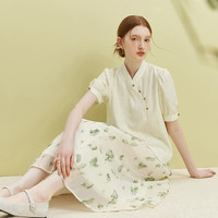 范思蓝恩23FS12667新中式气质印花半身裙女夏松紧腰A字裙 黑白水墨 M