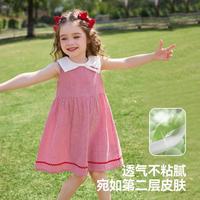 婴幼裙子夏季小童蝴蝶结娃娃领无袖背心裙女童格纹连衣裙公主裙