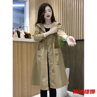 蒂洛缇娜 春秋年轻妈妈时尚风衣外套新款连帽纯色韩版口袋中长款洋气宽松女 卡其色 L 建议120-140斤斤