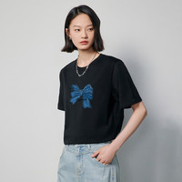 初语宽松纯棉T恤女2025夏季新款蝴蝶结印花休闲百搭上衣