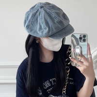 许菇凉 牛仔贝雷帽女复古八角帽夏季大头围防晒画家帽显脸小遮阳云朵帽子 浅蓝 大头显小（55-60cm）