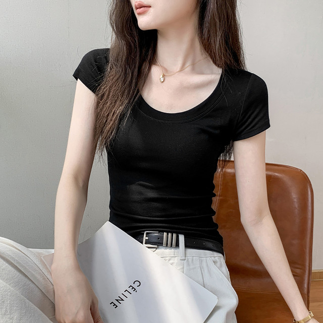 歌倍尚 短袖打底衫女2025新款修身显瘦正肩内搭u领黑色纯棉t恤上衣