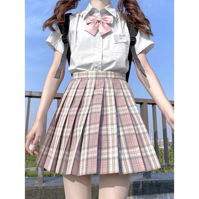 九寸阳光 JK制服两件套装女百褶半身裙春夏日系甜美少女樱奈学院风校供感 灰粉色 （衬衫+半裙