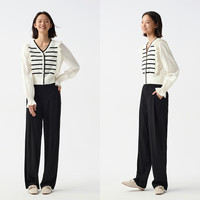 森马 Semir针织衫女短款拼接假两件木耳边春条纹101124107015 白色调00311 M