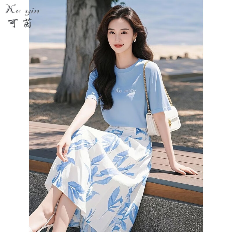 可茵（Keyin）连衣裙女装套装2025年夏季新款松弛感穿搭一整套百搭上衣半身裙子 上衣+半身裙
