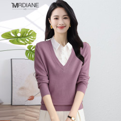 Mrdiane wei 女士假两件针织衫 衬衫领长袖打底上衣