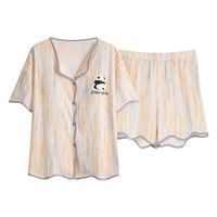 帕兰朵带胸垫一体开衫睡衣女士夏季短袖可爱家居服夏天套装纯棉