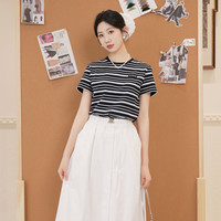 JESSYLINE杰茜莱黑白色条纹显瘦短袖T恤女2025夏季百搭上衣 条纹 L