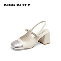 Kiss Kitty 小香凉鞋 女 法式复古撞色方头粗跟时装凉鞋 SA43102-87-K