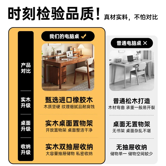 舒歌实木书桌学习桌 卧室家用办公桌子电脑桌台式 成人中小写字台 胡桃色单桌 120*60*75CM-双抽屉-送置物架