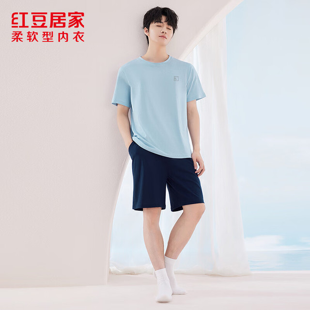 红豆居家 女士睡衣短袖抑菌舒适简约款家居服套装 海风蓝 XL 男士175