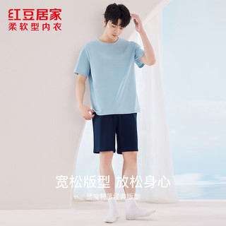 红豆居家男女士睡衣短袖抑菌舒适简约款家居服套装 海风蓝 XL 男士175