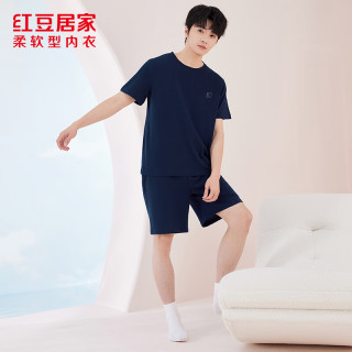 红豆居家男女士睡衣短袖抑菌舒适简约款家居服套装 马赛蓝 3XL 男士185