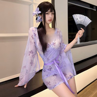 Fee et moi情趣透视蝴蝶印花睡衣套装度假风性感诱惑睡袍夫妻刺激夏日连衣裙 紫底印花【连衣裙+丝带+T裤】 均码【体重80-120斤】