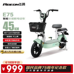 飞鸽 E75智能电动自行车45公里长续航电动车铅酸电池48V12Ah电瓶车 源彩青竹绿