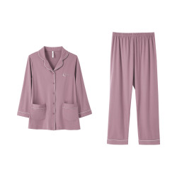 安之伴 女士纯棉透气开衫翻领长袖长裤家居服套装 A灰紫红 S