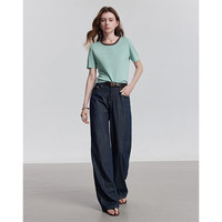 初语复古美式短袖针织衫女2025夏季撞色嵌线圆领小衫显瘦上衣 湖蓝色 S