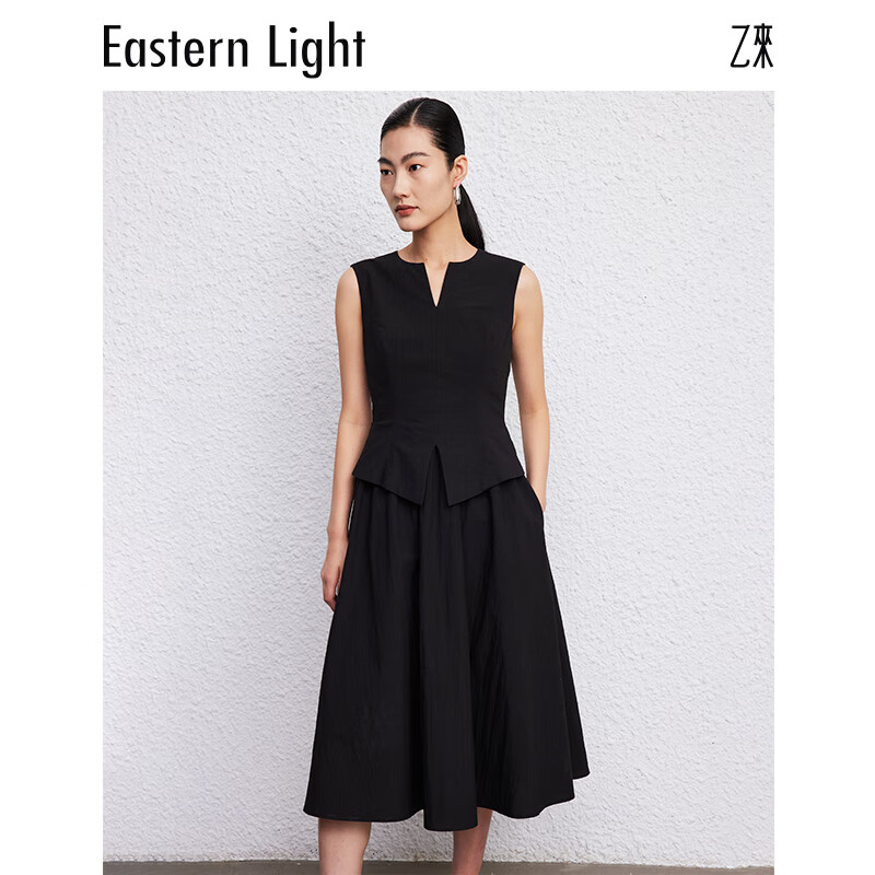 乙来（EASTERN LIGHT）【明星同款】假两件连衣裙无袖收腰裙子夏季新款马甲裙女 优雅黑-升级版 S