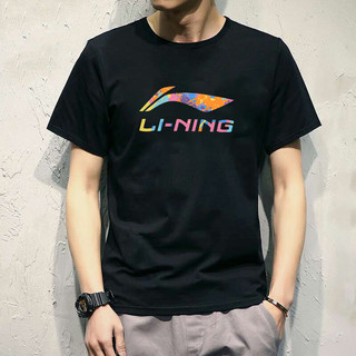 李宁 LI-NING短袖t恤男女同款春夏季棉质体恤宽松休闲透气圆领运动上衣 黑色 2XL