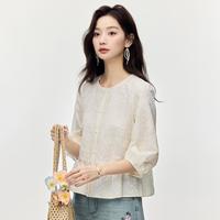 纯棉舒适绣花收腰衬衣女2025夏季法式气质中袖衬衫上衣