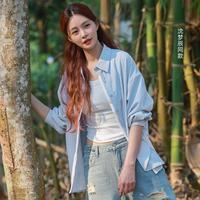 【沈梦辰同款】拼色衬衣女春季弧形下摆时尚高级感小个子减龄衬衫