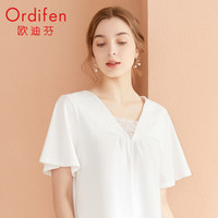 Ordifen 欧迪芬 睡衣女家居服服女士V领蕾丝睡裙 牙白色 M