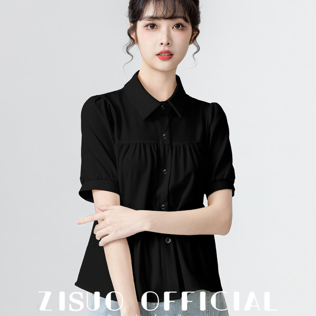孜索 黑色POLO领短袖娃娃衫女2025夏季新款设计感宽松泡泡袖衬衫短上衣