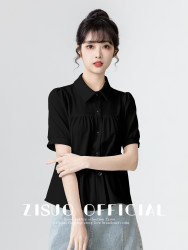 孜索 黑色POLO领短袖娃娃衫女2025夏季新款设计感宽松泡泡袖衬衫短上衣
