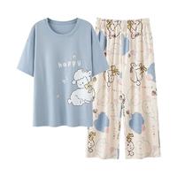 顶瓜瓜带胸垫睡衣女七分裤纯棉短袖加大码家居服套装春夏季