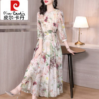 皮尔卡丹(pierre cardin)真|丝碎花连衣裙女夏季2025年新款高端印花桑蚕|丝显瘦七分袖长裙 花色 3XL