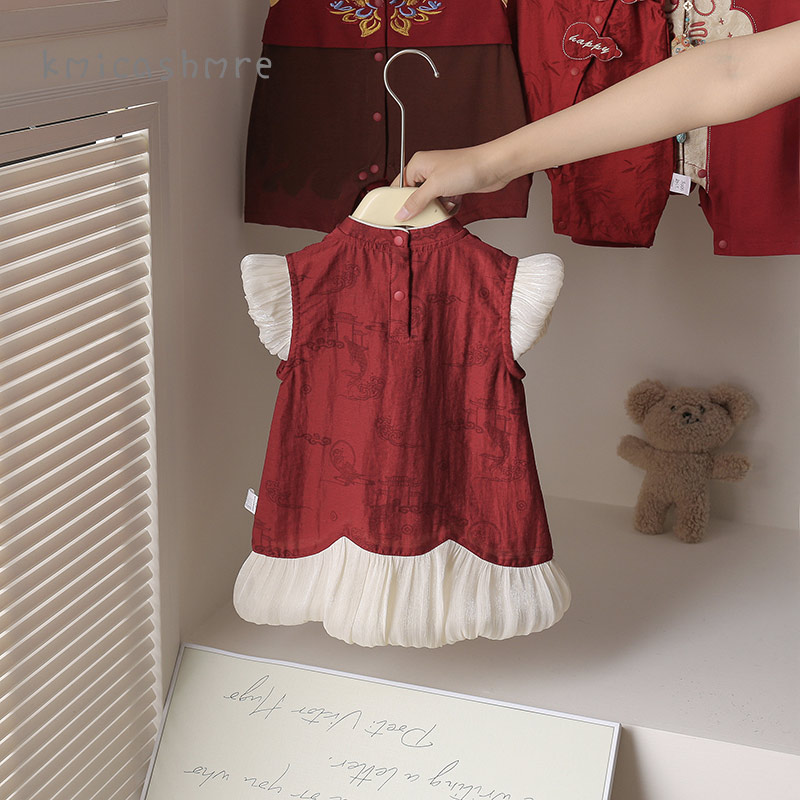kmi宝宝衣服夏季红色喜庆女娃满月服小公主抓周服中式周岁礼服女