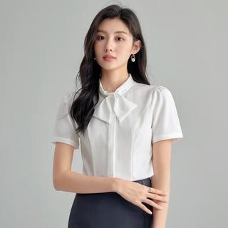 蝴蝶结气质通勤雪纺衬衫女2024夏款西装内搭职业薄款短袖上衣