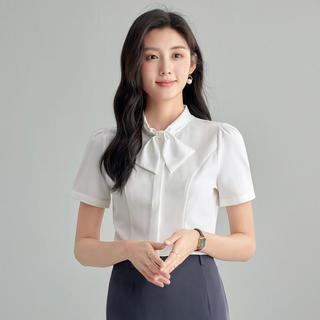 蝴蝶结气质通勤雪纺衬衫女2024夏款西装内搭职业薄款短袖上衣