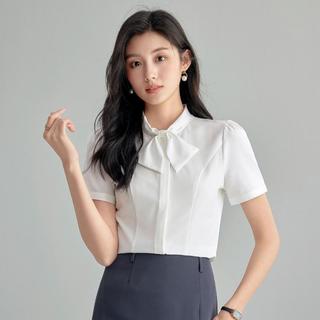 蝴蝶结气质通勤雪纺衬衫女2024夏款西装内搭职业薄款短袖上衣