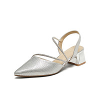 百思图25夏潮流通勤尖头粗跟后空女凉鞋W3238BH5 银色 40 银色后空款