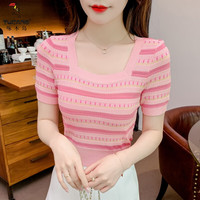 TUCANO啄木鸟夏季女装2025新款小清新甜美粉色提花薄款针织衫方领短袖短款上衣 粉色 L