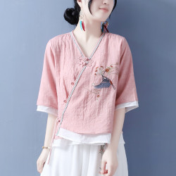 朦胧杏 民国风女装复古盘扣套装中国风民族风中式汉服成人女刺绣v领棉麻 肉粉（上衣） L 105-120斤