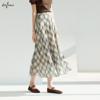 伊芙丽（eifini）伊芙丽时髦飘逸长款显瘦大裙摆A字黑白格纹半裙女2025夏季 棕色 S 80-100斤