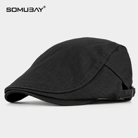 SOMUBAY帽子男春秋贝雷帽休闲英伦鸭舌帽薄款韩版潮时尚文艺前进帽四季款 黑色 均码【适合56-60CM】