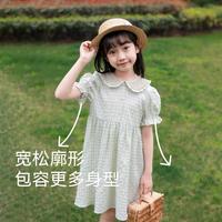 安奈儿 Annil童装女童短袖连衣裙夏泡泡袖绣花翻领清新格子田园风裙子公主裙