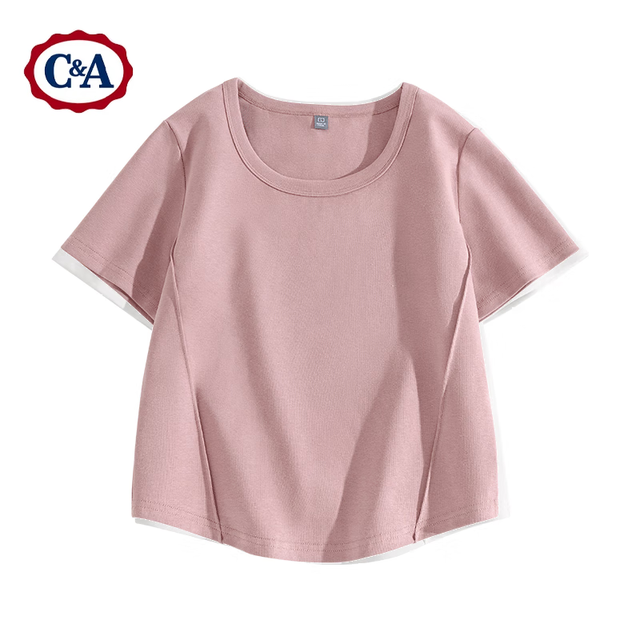C&A 正肩短袖T恤女款2025夏季半袖鱼骨甜辣风上衣W 豆沙粉 L