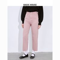Basic House/百家好百搭显瘦粉色牛仔裤杏色休闲宽松直筒裤女