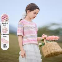 馋嘴狗 女童珍珠蝴蝶结针织衫2025夏季新款儿童撞色条纹短袖亲子圆领上衣