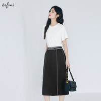 伊芙丽（eifini）伊芙丽休闲运动风撞色设计感黑色半身裙女ZF3145041 黑色 XL