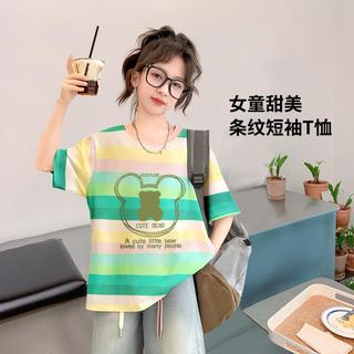 2024夏季薄款女童休闲宽松亲肤透气条纹短袖T恤中大童装